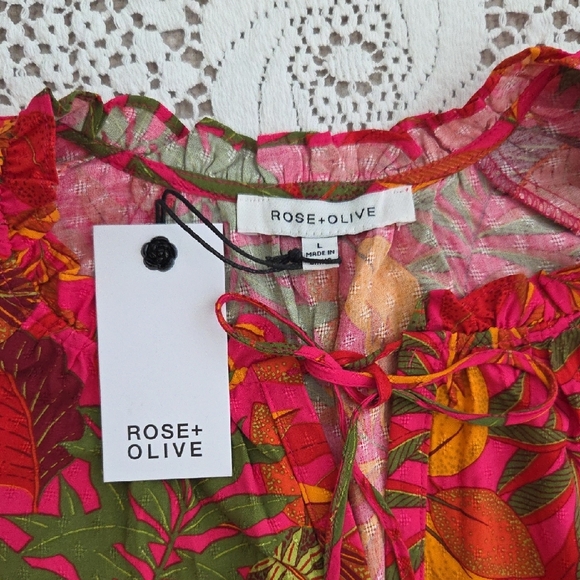 Rose & Olive Hot Pink Tropical Tie-Neck Cap Sleeve Top Size L - Picture 5 of 5